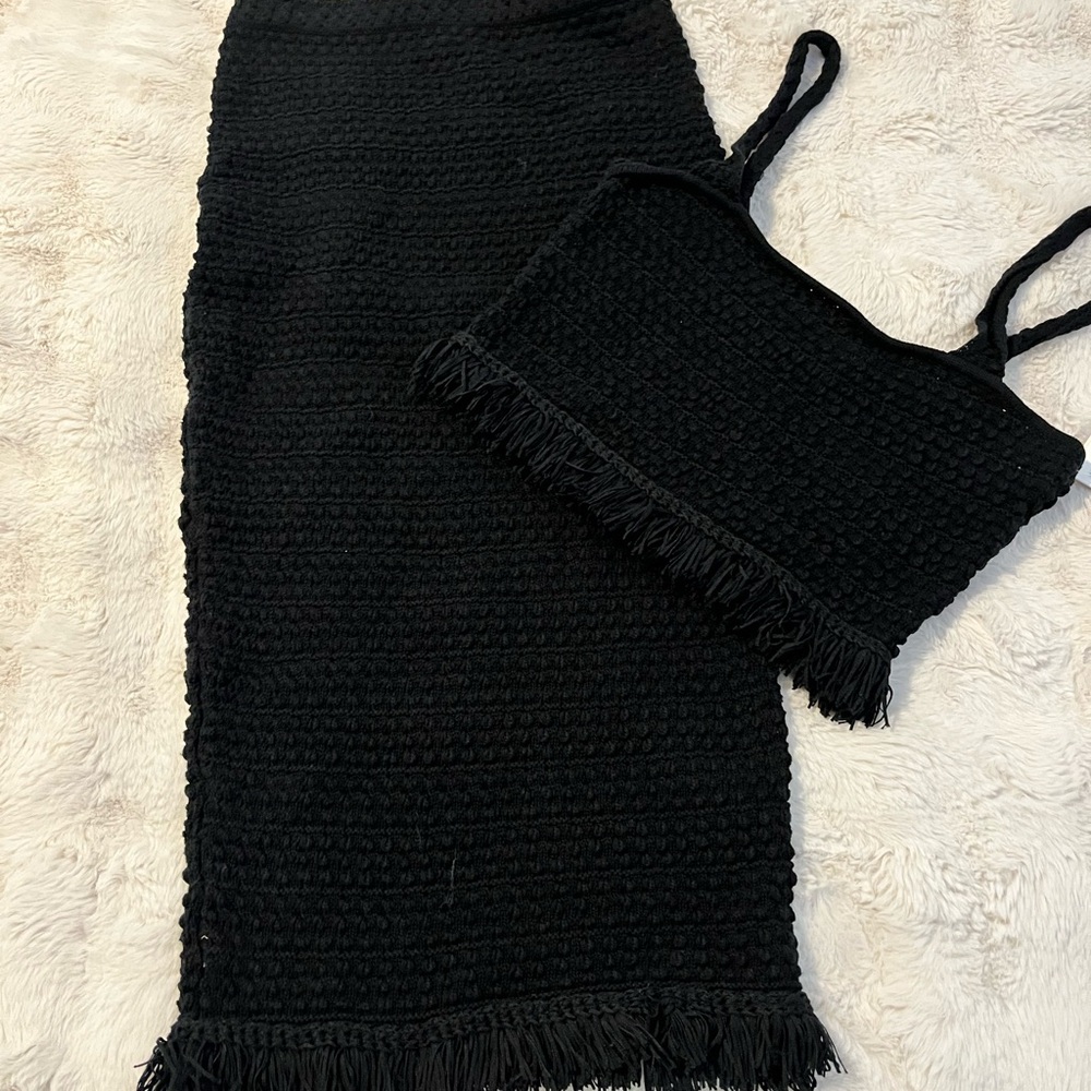 Aqua Black Knit Fringe Skirt Set